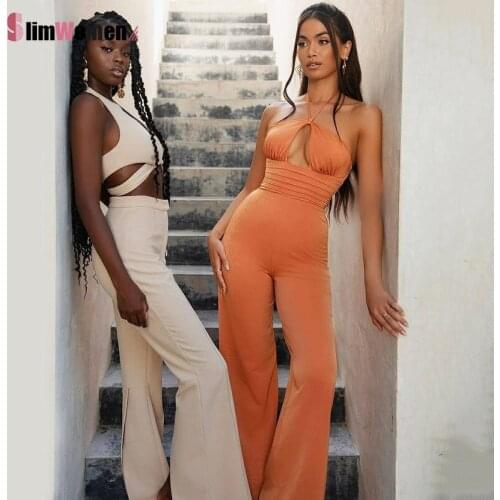 2021 Hollow Out Halter Backless Outfits Women Clubwear Wide Leg One Piece Jumpsuits Summer Sexy Loose White Chic Jumpsuit Women