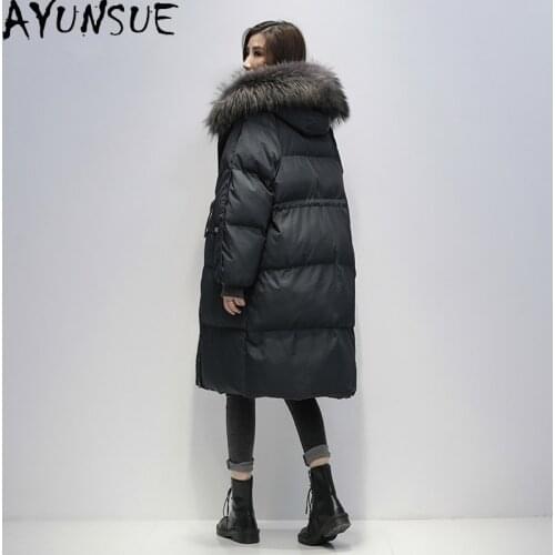 AYUNSUE Womens Winter Down Jacket Raccoon Fur Collar Hooded Long Women Coats White Duck Down Female Parkas Doudoune Femme 2020