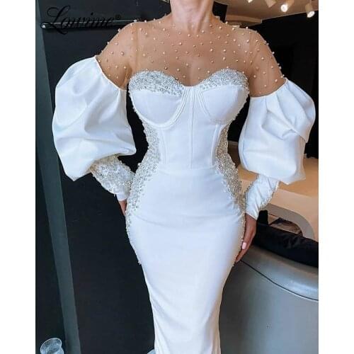 Elegant White Evening Dresses Slim Mermaid Beading Formal Long Women Evening Wear Plus 2021 Dubai Long Sleeves Party Gonws Robes