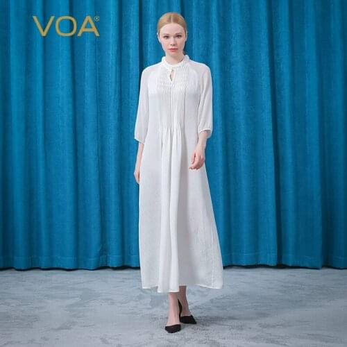 VOA Silk Jacquard Maxi Party Dresses for Women AE862 O-Neck Edible Tree Fungus Three Quarter White Summer Womens Dress 2021
