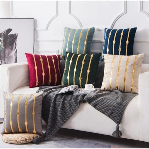 Velvet Appliques Embroidery Pillow Cover Beige Bronzing Cushion Cover Home Decor Pillow Decorative Throw Pillows Pillow Case