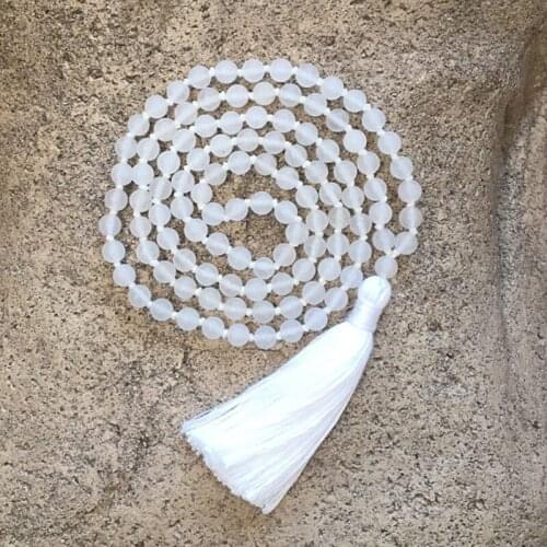 Boho Handmade Tassel Yoga Jewelry Meditation Bohemian Necklace Matte White Stone 108 Beads Hand Knotted Mala Necklace Collar