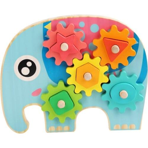 Montessori Wooden Educational Toys Gear Animal Elephant Assembled Toy Building Blocks Colorful Shape Classification Board Gift