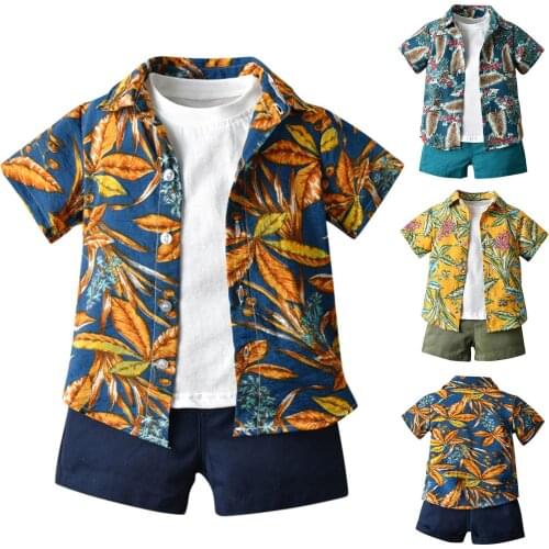 Summer Toddler Infant Baby Boys Gentleman 3 Piece Short Sleeve Floral Printed Tops T-Shirt Shorts Hawaii Beach Outfits Set#p4