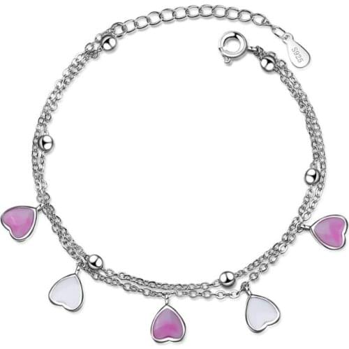 Exquisite Pink Gradient Heart Bracelets & Bangles For Women Trend Creative 925 Sterling Silver Party Gifts Jewelry SAB61