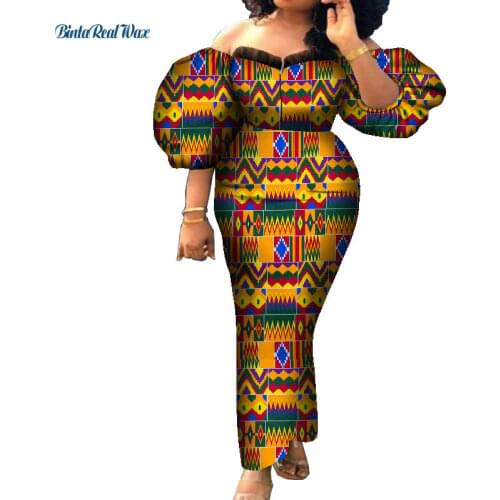 African Dresses for Women Wax Print Puff Sleeve Long Dresses Vestido Bazin Riche Dashiki Women Party African Clothing WY8233