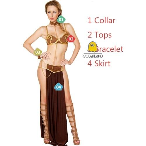 Princess Leia Cosplay Costume Dress Sexy Halloween Costumes Golden Bra+Neckchain+Skirt Set Egyptian Women Costume Carnival