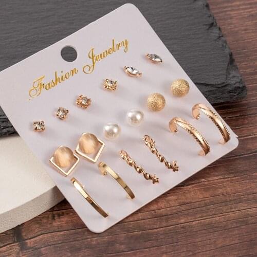ZWC 2021Womens Earrings Set Pearl Earrings For Women Bohemian Fashion Jewelry Geometric Crystal Stud Golden Earrings Unusual
