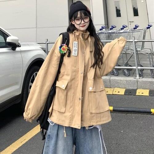 Korean solid color cargo jacket female autumn new vintage long-sleeved casual coat streetwear Harajuku Oversize zipper outerwear
