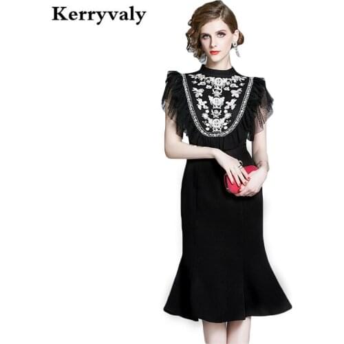 Summer A-Line Mesh Embroidered Retro Dress Ropa Mujer Verano 2021 Robe Vintage Black Women Midi Dress Sukienki Letnie K6592