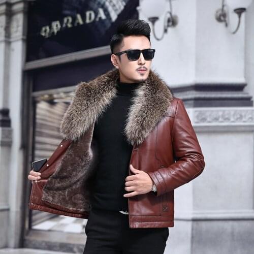 Genuine Real Cow Winter Coat Mink Collar Men Leather Jacket Wool Liner Fox Fur F-9127 KJ1430