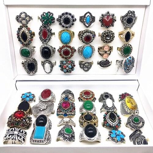 Wholesale 24pcs/Lot Womens Rings Vintage Jewelry Antique Silver Plated Rhinestone Ring with a Display Box mix styles Party Gift