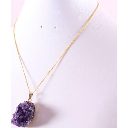 100% Natural Stone Purple Quartz Crystal Pendant Necklace for Men Women Gem Irregular Bead Gold Chain Necklace E862