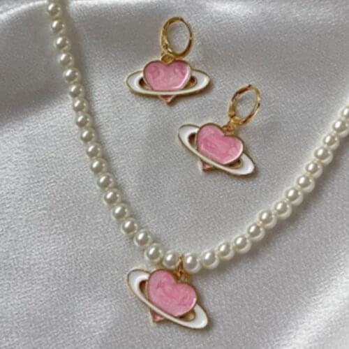 Saturn pearl necklace for teenage egirls pink heart necklace for women cute kawaii y2k jewelry fairycore harajuku accessory