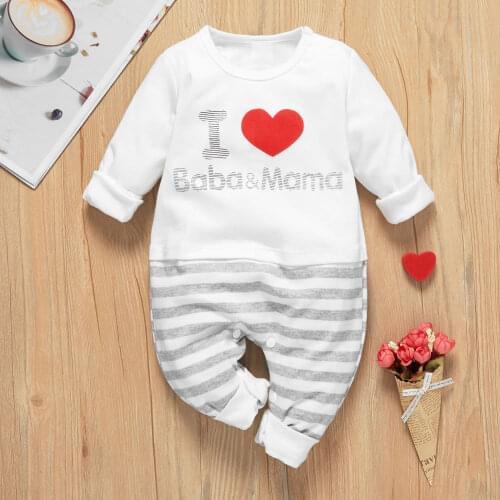 PatPat 2020 New Spring and Summer Autumn I Love Baba and Mama Stripes One Piece for Baby Unisex