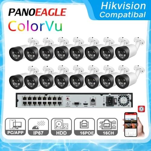 Hikvision Compatible Kits DS-7616NI-Q2/16P 16POE NVR 5MP Full-color IP Camera Bullet POE Built-in MIC 16pcs Plugplay CCTV System