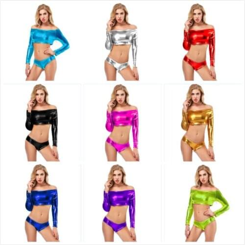11 Candy Color Shiny PU Faux Leather Sleeve Sexy One Word Shoulder Tops Dance Night Club Wear Bustier Top