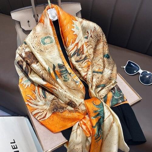 2020 Large Size Oil Painting Summer Silk Scarf Soft Lady Shawls and Warps Pashmina Bandana Foulard Travel Beach Stoles