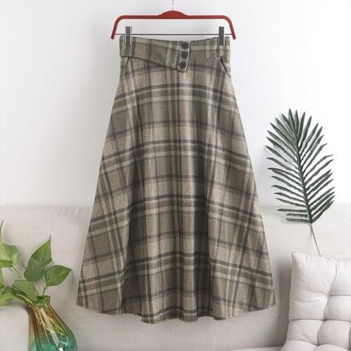 Elastic Waist Plaid Large Swing Skirt Women Autumn Winter New High Waist Show Thin Skirt
