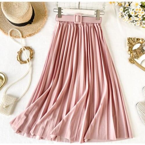 2021 Vintage Solid Pleated Long Skirt Women High Waist Midi Skirt Korean Elegant Office Female Elastic Casual Black Skirts