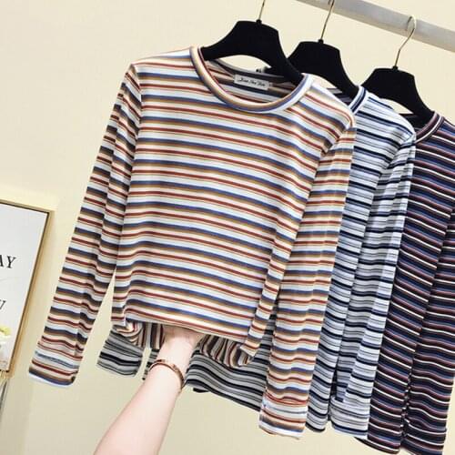Gkfnmt Vintage Tee Shirt Femme Long Sleeve Striped Casual O-Neck T Shirt Women TShirt Autumn Winter Tops T-shirts Camisetas XXL