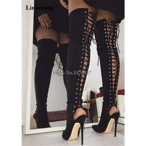 Women Sexy Back Out Lace-up Pointed Toe Thin Heel Over Knee Gladiator Boots Black Suede Leather Long High Heel Boots Club Shoes