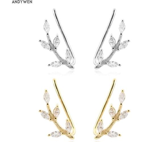 ANDYWEN 925 Sterling Silver Gold Zircon CZ Leafs Climber Clips Thread Earring Women Clips Pendientes Luxury Jewelry For Women