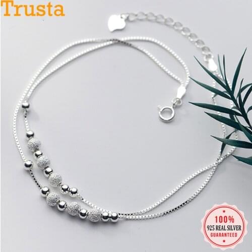 Trustdavis Authentic 925 Sterling Silver Simple Frosted Bead Double Layer Box Chain Anklet for Women Summer S925 Jewelry YQ133