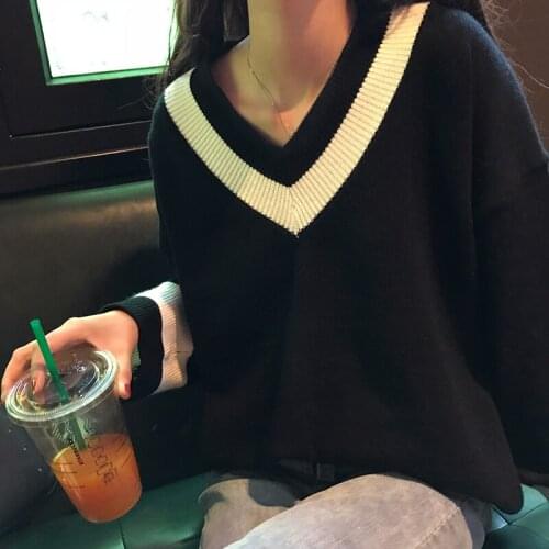 Chic Harajuku Vintage Preppy Style Sweater Women Autumn New Korean Fashion Loose Simple V-Neck Casual Pull Oversize Femme DD2402