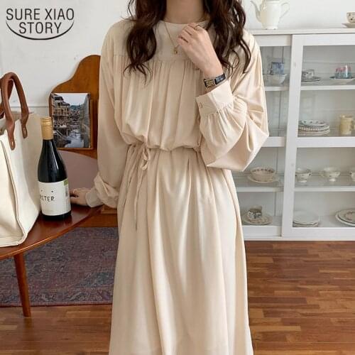 New Round Collar Pleated Tie Dress for Women Korea Chic Spring Women Dress Elegant Vintage Solid Long Sleeve Dress Vestido 14018