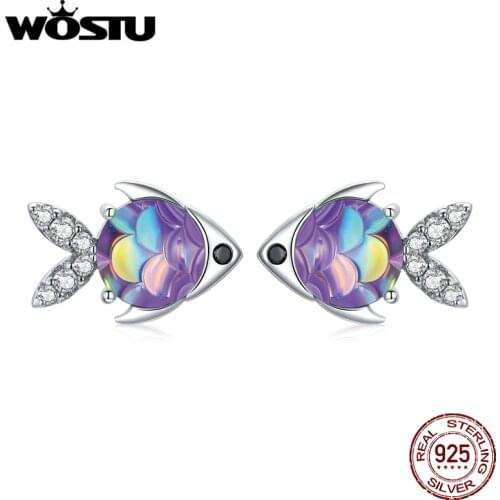 Wostu Colorful Stud Earrings 925 Sterling Silver Simple CZ little Fish for Women Fine Sterling Silver Jewelry DXE1028