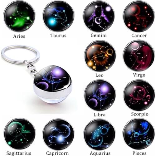 12 Zodiac Sign Glass Ball Keychain Pendant Women Men Fashion Constellation Jewelry Key Chain Key Ring Holder Christmas Gifts