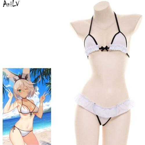AniLV Anime Lolita Girl White Ruffle Bikini Swimsuit Costume Halter Maid Swimwear Uniform Pool Party Cosplay