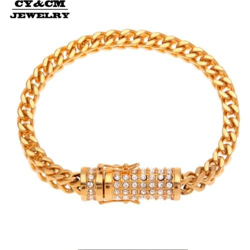 CY&CM 6mm Franco Link Chain Bracelet Full Iced Out Rhinestone Box Clasp Top Quality Stainless Steel Bracelet Men Hip hop Jewelry