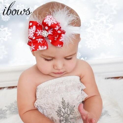 Kids Red Printed Snow Christmas Hair Bow Soft Feather Headband For Newborn Festival Boutique Hairband Headwear Hair Accessories