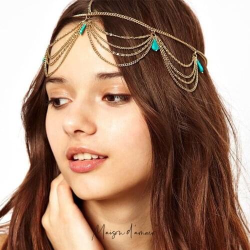 Europe Ethnic Global Queen Style Hair Accessories Turquoise Gold Alloy Hair Jewelry