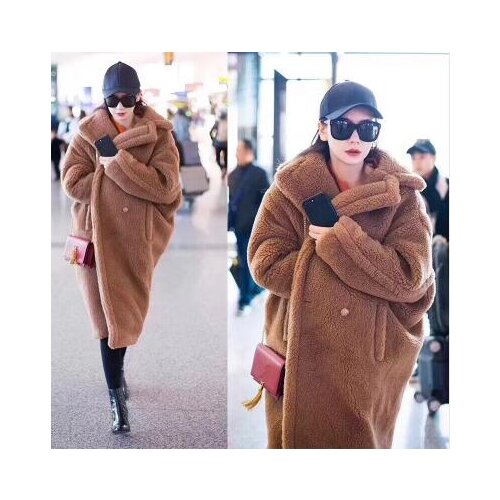Harppihop*new arrival free shipping real sheep fur coat long style wool coat camel teddy coat over size winter women coat
