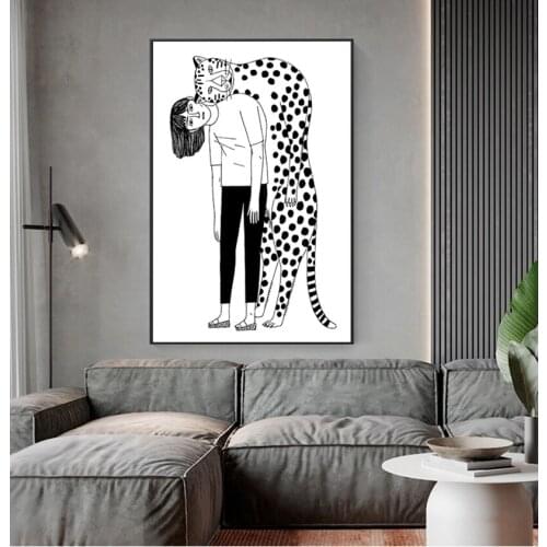 And Prints Wall Pictures For Living Room Decor Leopard Girl Nordic Poster Wall Art Canvas Painting Black White Posters