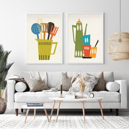 Coffee Pot Cup Vintage Poster Cooking Utensil Retro Art Print Mid Century Canvas Painting Modern Wall Picture Kitchen Home Decor