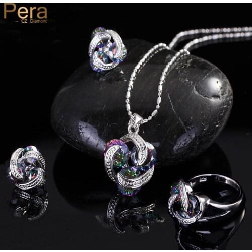 Pera Fashion Women 3 Pcs Jewelry Gift Rainbow Mystic Crystal Stone Necklace And Earrings Ring Sets for Girls J097