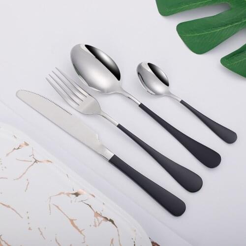 4Pcs Glossy Black Silver Stainless Steel Cutlery Tableware Dinnerware Flatware Set Forks Knives Spoons Set Wedding Silverware