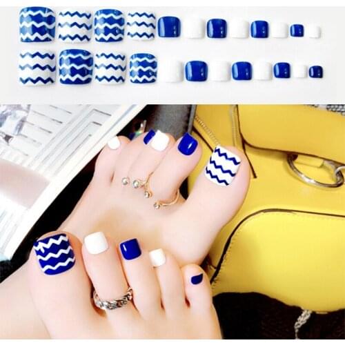 False Nails With Glue White Blue Ocean Toe Fake Nails 24Pcs/set Full Cover Acrylic Feet Patch Blue Wave Summer Toe