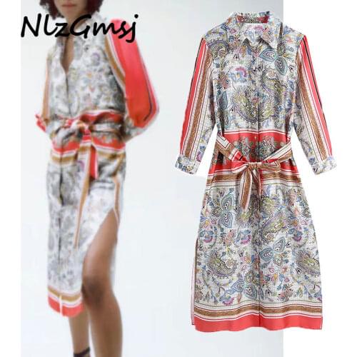 Nlzgmsj Za Dress Women Vintage Buttons Collar Party Midi Dress Woman Long Sleeve Bow Belt Vestidos 202103