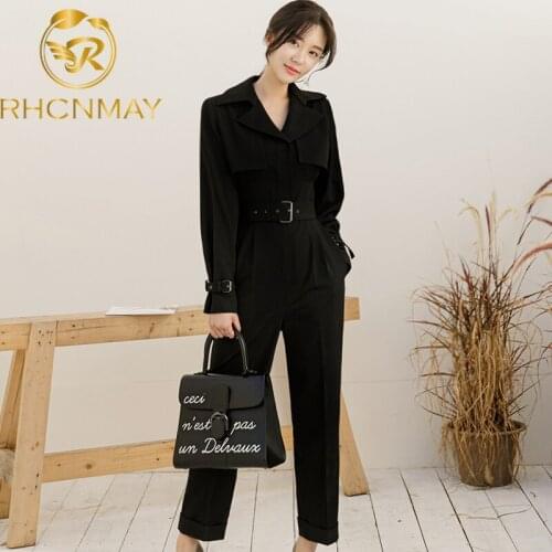 2021 Autumn Korean Simple OL High Waist Jumpsuits Womens Slim Long Romper Black Formal Work Wear Playsuits With Blet