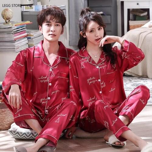 Sexy Satin Couple Pajamas Set For Lovers Quality Pjs Home Suit Spring Women&men Sleepwear Cardigan Long Sleeved Unisex Pyjamas