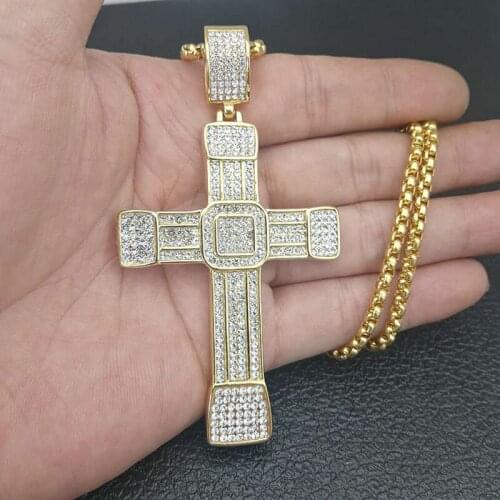 Full Rhinestone Bling Iced Out Cross Pendants Necklaces Gold Color 316L Stainless Steel Hip Hop Rock Jewelry with 24" Gold Chain
