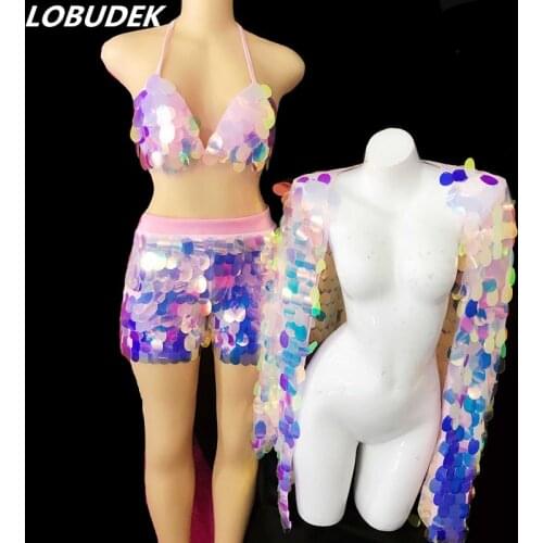 Pink-Purple(Bra+Shorts+Coat) Shining Sequin 3 Pieces Set Lady Singer Dancer Stage Outfit Bar Nightclub Performance Dance Costume