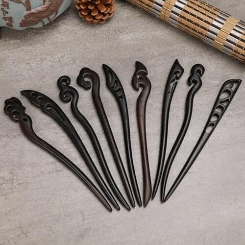 Vintage Black Sandalwood Handmade Carving Hair Sticks Chinese Style Wooden Hair Pin Women Headdress Hair Accessories Jewelry