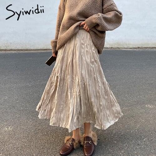 Syiwidii Skirts for Women Elastic High Waist Fall Winter 2021 Korean Fashion New A Line Black Casual Vintage Pleated Midi Skirt