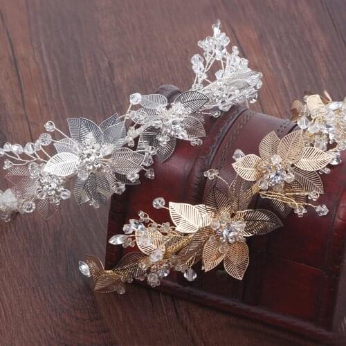 Gold and Silver color Leaf Women Tiara Crystal Bridal Crown Hair Accessories Handmade Wedding Hairband